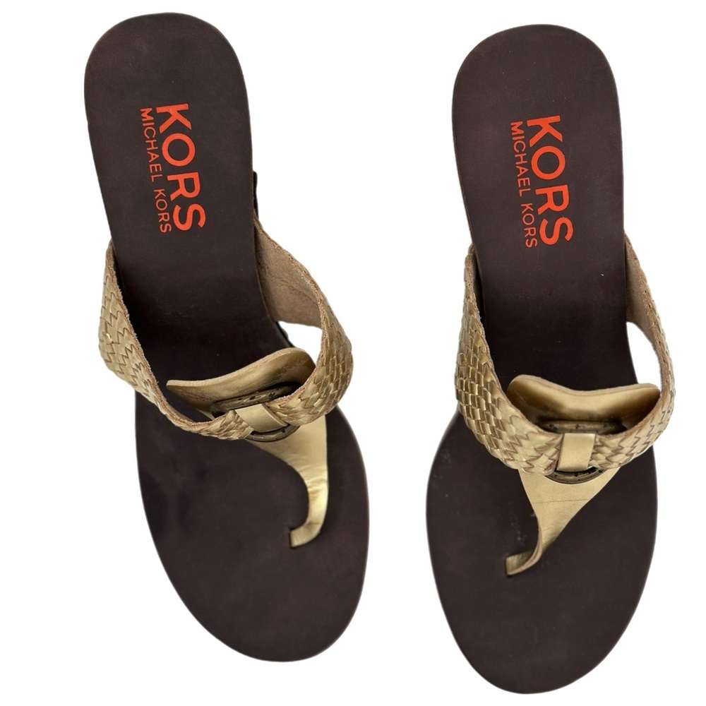 Michael Kors Gold Woven Leather Wood Heel Sandals | Size 8.5M - Picture 2 of 4
